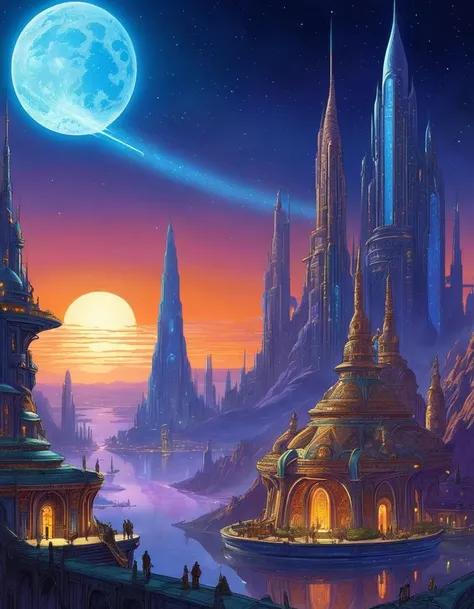 ethereal fantasy concept art of  moebius, druillet inspired heavy metal art, a neon-lit futuristic city at night , high-tech metropolis, traditional markets, the contrast in colors and textures should be distinct surreal, dramatic lighting, highly detailed . magnificent, celestial, ethereal, painterly, epic, majestic, magical, fantasy art, cover art, dreamy