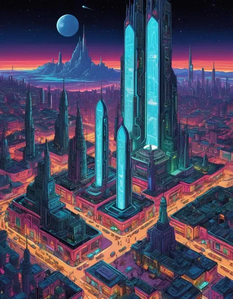 isometric style moebius, druillet inspired heavy metal art, a neon-lit futuristic city at night , high-tech metropolis, traditional markets, the contrast in colors and textures should be distinct surreal, dramatic lighting, highly detailed . vibrant, beautiful, crisp, detailed, ultra detailed, intricate