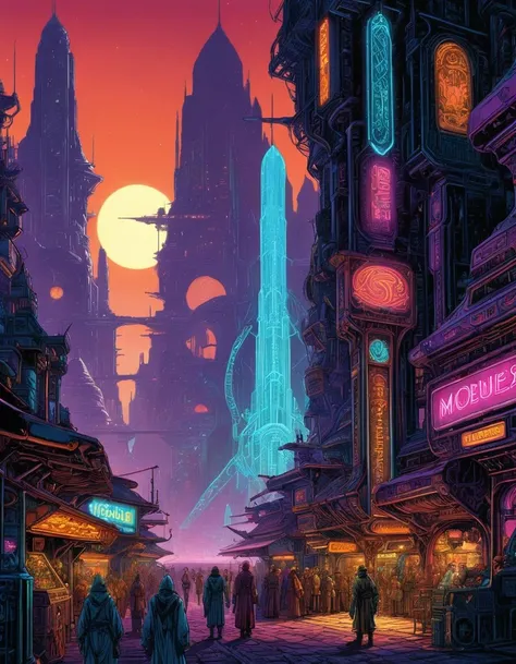 concept art moebius, druillet inspired heavy metal art, a neon-lit futuristic city at night , high-tech metropolis, traditional markets, the contrast in colors and textures should be distinct surreal, dramatic lighting, highly detailed . digital artwork, illustrative, painterly, matte painting, highly detailed