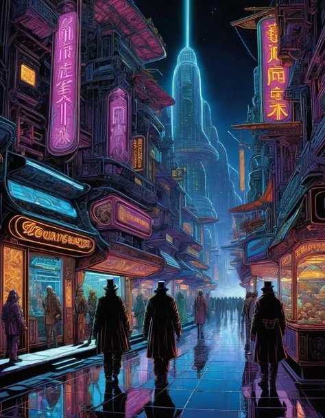 breathtaking moebius, druillet inspired heavy metal art, a neon-lit futuristic city at night , high-tech metropolis, traditional markets, the contrast in colors and textures should be distinct surreal, dramatic lighting, highly detailed . award-winning, professional, highly detailed