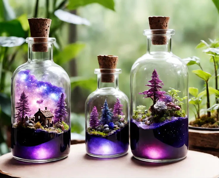 (beautiful scenery nature glass bottle landscape, , purple galaxy bottle, magic in a bottle:1.2), in a rustic shop full of the same kinds of magical bottles and miniature terrariums in glass enclosures, beautiful, glass bottle landscapes, purple galaxy in a bottle, rustic shop, light from window, magical bottles, miniature terrariums in glass enclosures