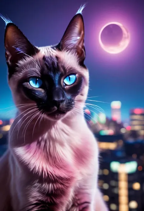 zavy-spctrlglw, Close-up shot from a low angle, a spectral glow Siamese breed cat with shimmering wisps emanating from its body, a moonlit rooftop with city skyline in the background, high-contrast photography with a dreamlike quality, iridescent blues and purples complemented by soft pinks.