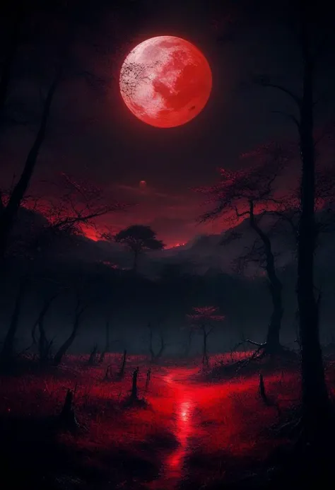 surreal dark horror theme, anime style, red grass landscape, large red moon in black sky, black burned trees, dark fantasy, evil horror, max details, dynamic, great lighting, perfect shading, atmospheric, best quality, sharp focus, high contrast, stylized, clear, surreal, ultra quality, 8k, best quality, masterpiece, midjourneyv6.1