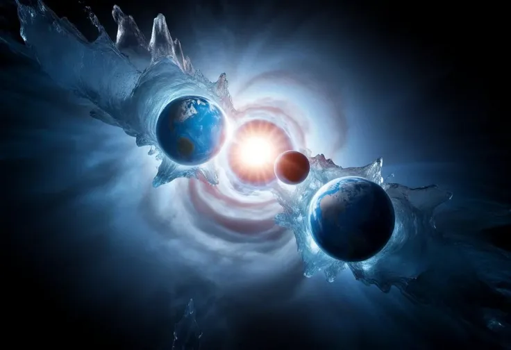 outer space, one earth-like planet, two suns, frozen equator, ice caps,