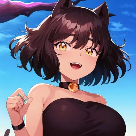 highres,solo, olive,symmetrical,chocker,tan, (dark skin:0.9),bare shoulders,large  breasts. :d,yellow eyes,cat girl, grass, trees, blue sky, outdoors, closed mouth, fangs, visible fangs, white fangs, upper teeth,