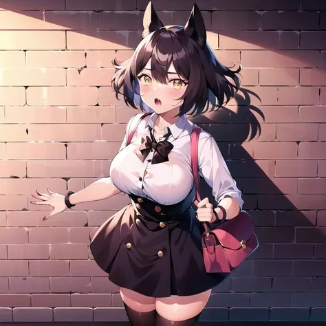 solo,olive,symmetrical,chocker,tan,\(dark skin\), catgirl,yellow eyes,fangs,visible fangs,white fangs,upper teeth,:o, bag, bangs, black_legwear, black_skirt, blush, bow, bowtie, breasts, brick, brick_floor, brick_wall, cleavage, closed_mouth, from_above, handbag, high-waist_skirt, holding, holding_bag, honeycomb_\(pattern\), large_breasts, long_hair, looking_at_viewer, pavement, red_hair, school_bag, shirt, shoes, shoulder_bag, sidelocks, skindentation, skirt, solo, stone_floor, stone_wall, thighhighs, thighs, tile_floor, tile_wall, tiles, white_shirt, zettai_ryouiki