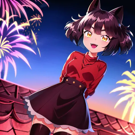 masterpiece, best quality, highres,8k, solo,olive,symmetrical,chocker,tan,\(dark skin\), catgirl, :d,yellow eyes,fangs,visible fangs,white fangs,upper teeth,best quality,(depth of field:1.1025),volumetric lighting,perfect eyes,intricately detailed outfit,(isometric shadow:1.05),solo,rooftop bridge,sweater dress,leggings,red sweater,(zettai ryouiki:1.1025),dynamic dress,new year celebration,:d,(fireworks:1.1025), dutch angle, arms behind back,