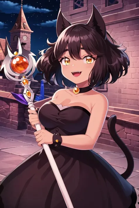 highres,olive,dress (olive),symmetrical,black dress,chocker,cleavage,tan, (dark skin:0.9),bare shoulders,large breasts. smile,holding staff,yellow eyes,cat girl,