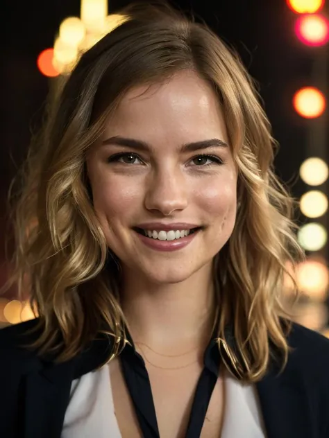 <lora:wlaftz:1>  photo of wlaftz,a woman,medium length wavy hair,color,smile,dressed,blonde hair,cinematic,Canon powershot , extreme bokeh,extreme DOF,focus on face,sharp skin texture,filmic grain,motion blur,neon lights,uhd,8k,ultrasharp,city street,masterpiece,nighttime,low brightness,dimly lit ,close-up