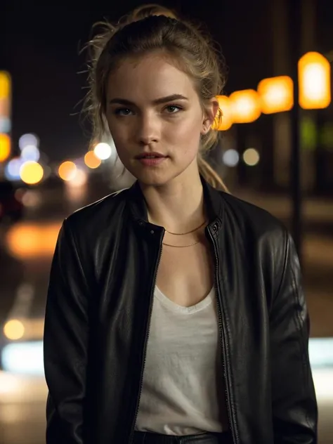 <lora:wlaftz:1> photo of wlaftz,a woman,color,ponytail,black leather jacket,pants,blonde hair,cinematic,Canon powershot , extreme bokeh,extreme DOF,focus on face,sharp skin texture,filmic grain,motion blur,neon lights,uhd,8k,ultrasharp,city street,masterpiece,nighttime,low brightness,dimly lit ,close-up
