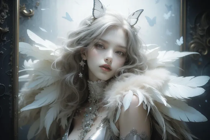 (A gorgeous womanï¼Grey lipstick),pov,(Mythic,religion,A fantasy movie full of imagination),ï¼Singular spaceï¼white moth,White butterflyï¼Paranormal phenomenonï¼hallucination:1.3ï¼,
hair ornament,white hair,beautiful image,A carefully cut hairstyle,elegance,Upper body art photo,sacredï¼divineï¼
(masterpiece:1.4),(soft lighting:1.2), bokeh, depth of field, photorealistic, caustics,
beautiful image,rim lighting,cinematic lighting,ealistic details,extremely detailed,ultra-realistic lights and shadows,official artï¼biopunk,
astonishing level of detail,ultra high res,HDR, realistic, dusty sunlight, ray tracing, cinematic (beautiful detailed face:1.0), (vivid colors:1.3, color full:1.3), ultra detailed 8k cg, extremely absurd,
beautiful face, perfect face, atural makeup, beautiful goddess,gorgeous queen,1girl, nice girl, mature female,
white feather skin,feathers,fur trim,(White sofa,White flowers:0.9)ï¼
beautiful lips, subsurface scattering, reflections, eflections, dramatic, realistic hair, Detail hands, realistic hands,
realistic skin, skin pores, sweaty skin,(shiny skin:1.3),(thick thighs:1.3),athletic,wide hips,perfect female body, narrow waist,extremely fine complexion,pale skin,
(athletic body:1.4),
(best quality:1.3),
<lora:ww-000012:0.6>ï¼ <lora:绪å¿- å¤è¶cinematic sets:0.8>ï¼ <lora:4ll3ll0ll13:0.8>ï¼f796, <lora:ayami-style:0.6>,AYAMI STYLE, <lora:æ³å
:0.5>