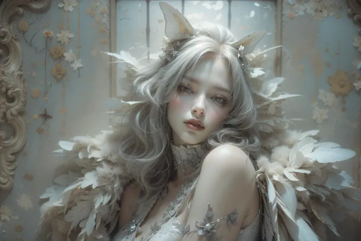 (A gorgeous womanï¼Grey lipstick),pov,(Mythic,religion,A fantasy movie full of imagination),ï¼Singular spaceï¼white moth,White butterflyï¼Paranormal phenomenonï¼hallucination:1.3ï¼,
hair ornament,white hair,beautiful image,A carefully cut hairstyle,elegance,Upper body art photo,sacredï¼divineï¼
(masterpiece:1.4),(soft lighting:1.2), bokeh, depth of field, photorealistic, caustics,
beautiful image,rim lighting,cinematic lighting,ealistic details,extremely detailed,ultra-realistic lights and shadows,official artï¼biopunk,
astonishing level of detail,ultra high res,HDR, realistic, dusty sunlight, ray tracing, cinematic (beautiful detailed face:1.0), (vivid colors:1.3, color full:1.3), ultra detailed 8k cg, extremely absurd,
beautiful face, perfect face, atural makeup, beautiful goddess,gorgeous queen,1girl, nice girl, mature female,
white feather skin,feathers,fur trim,(White sofa,White flowers:0.9)ï¼
beautiful lips, subsurface scattering, reflections, eflections, dramatic, realistic hair, Detail hands, realistic hands,
realistic skin, skin pores, sweaty skin,(shiny skin:1.3),(thick thighs:1.3),athletic,wide hips,perfect female body, narrow waist,extremely fine complexion,pale skin,
(athletic body:1.4),
(best quality:1.3),
<lora:ww-000012:0.6>ï¼ <lora:绪å¿- å¤è¶cinematic sets:0.8>ï¼ <lora:4ll3ll0ll13:0.8>ï¼f796, <lora:ayami-style:0.6>,AYAMI STYLE, <lora:more_details:0.5> ,<lora:æ³å
:0.5>