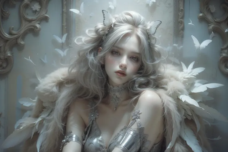 (A gorgeous womanï¼Grey lipstick),pov,(Mythic,religion,A fantasy movie full of imagination),ï¼Singular spaceï¼white moth,White butterflyï¼Paranormal phenomenonï¼hallucination:1.3ï¼,
hair ornament,white hair,beautiful image,A carefully cut hairstyle,elegance,Upper body art photo,sacredï¼divineï¼
(masterpiece:1.4),(soft lighting:1.2), bokeh, depth of field, photorealistic, caustics,
beautiful image,rim lighting,cinematic lighting,ealistic details,extremely detailed,ultra-realistic lights and shadows,official artï¼biopunk,
astonishing level of detail,ultra high res,HDR, realistic, dusty sunlight, ray tracing, cinematic (beautiful detailed face:1.0), (vivid colors:1.3, color full:1.3), ultra detailed 8k cg, extremely absurd,
beautiful face, perfect face, atural makeup, beautiful goddess,gorgeous queen,1girl, nice girl, mature female,
white feather skin,feathers,(fur trim,White sofa,White flowers:0.9)ï¼
beautiful lips, subsurface scattering, reflections, eflections, dramatic, realistic hair, Detail hands, realistic hands,
realistic skin, skin pores, sweaty skin,(shiny skin:1.3),(thick thighs:1.3),athletic,wide hips,perfect female body, narrow waist,extremely fine complexion,pale skin,
(athletic body:1.4),
(best quality:1.3),
<lora:ww-000012:0.6>ï¼ <lora:绪å¿- å¤è¶cinematic sets:0.8>ï¼ <lora:4ll3ll0ll13:0.75>ï¼f796, <lora:ayami-style:0.75>,AYAMI STYLE, <lora:more_details:0.5> ï¼<lora:æ³å
:0.5>