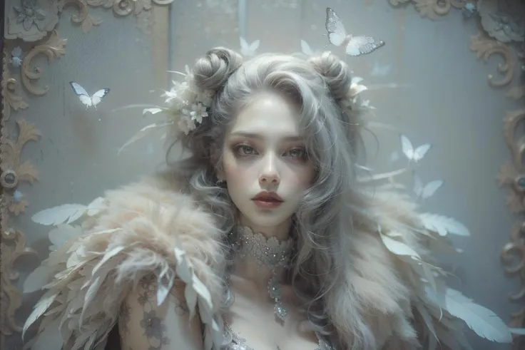 (A gorgeous womanï¼Grey lipstick),pov,(Mythic,religion,A fantasy movie full of imagination),ï¼Singular spaceï¼white moth,White butterflyï¼Paranormal phenomenonï¼hallucination:1.3ï¼,
hair ornament,white hair,beautiful image,A carefully cut hairstyle,elegance,Upper body art photo,sacredï¼divineï¼
(masterpiece:1.4),(soft lighting:1.2), bokeh, depth of field, photorealistic, caustics,
beautiful image,rim lighting,cinematic lighting,ealistic details,extremely detailed,ultra-realistic lights and shadows,official artï¼biopunk,
astonishing level of detail,ultra high res,HDR, realistic, dusty sunlight, ray tracing, cinematic (beautiful detailed face:1.0), (vivid colors:1.3, color full:1.3), ultra detailed 8k cg, extremely absurd,
beautiful face, perfect face, atural makeup, beautiful goddess,gorgeous queen,1girl, nice girl, mature female,
white feather skin,feathers,(fur trim,White sofa,White flowers:0.9)ï¼
beautiful lips, subsurface scattering, reflections, eflections, dramatic, realistic hair, Detail hands, realistic hands,
realistic skin, skin pores, sweaty skin,(shiny skin:1.3),(thick thighs:1.3),athletic,wide hips,perfect female body, narrow waist,extremely fine complexion,pale skin,
(athletic body:1.4),
(best quality:1.3),
<lora:ww-000012:0.6>ï¼ <lora:绪å¿- å¤è¶cinematic sets:0.8>ï¼ <lora:4ll3ll0ll13:0.75>ï¼f796, <lora:ayami-style:0.8>,AYAMI STYLE, <lora:æ³å
:0.5>ï¼ <lora:more_details:0.5>