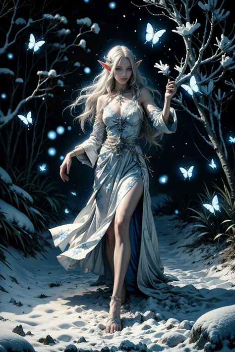 (masterpiece:1.4), (intricate:1.2), (detailed:1.2), (vibrant colors:1.2), BREAK,
(fantasy:1.2), (blue and white:1.3), (dynamic pose:1.2), (from below:1.0), BREAK,
(elven priestess:1.4), (solo:1.4), (beautiful:1.2), (dainty:1.2), (white robe:1.2), (long white hair:1.2), (dancing:1.3), (smiling:1.2), (windy:1.2), (barefoot:1.0), (glowing blue eyes:1.2), BREAK,
(outside:1.2), (starry night:1.2), (enchanted forest:1.2), (snow:1.4), (ice:1.2), (blue glowing butterflies:1.2), <lora:night_butterfly:0.8>