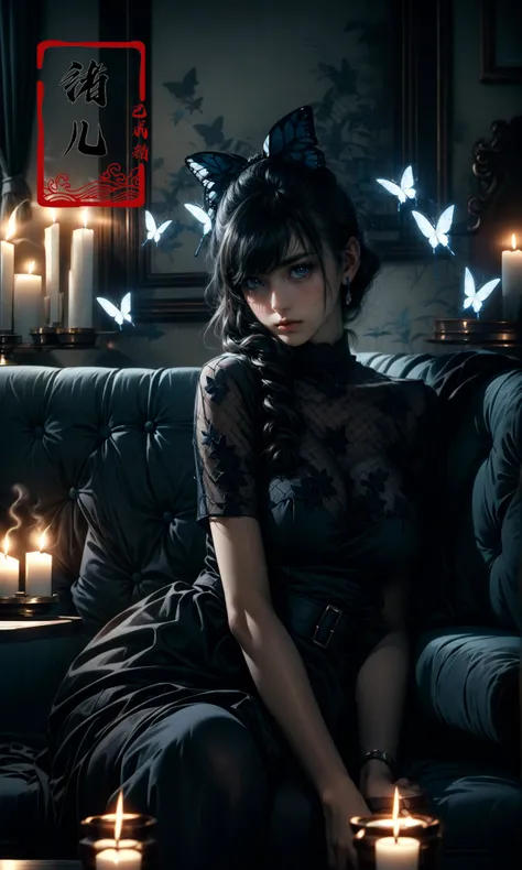 with a girl on a sofa surrounded by candles,
matte photo, dark gray and blue, dream-like atmospherebutterfly
Victoria black maid dress,Black transparent pantyhose,
<lora:cinematic sets_20231118021952-000018:0.9>