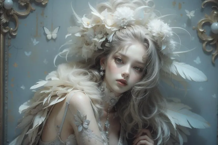 (A gorgeous womanï¼Grey lipstick),pov,(Mythic,religion,A fantasy movie full of imagination),ï¼Singular spaceï¼white moth,White butterflyï¼Paranormal phenomenonï¼hallucination:1.3ï¼,
hair ornament,white hair,beautiful image,A carefully cut hairstyle,elegance,Upper body art photo,sacredï¼divineï¼
(masterpiece:1.4),(soft lighting:1.2), bokeh, depth of field, photorealistic, caustics,
beautiful image,rim lighting,cinematic lighting,ealistic details,extremely detailed,ultra-realistic lights and shadows,official artï¼biopunk,
astonishing level of detail,ultra high res,HDR, realistic, dusty sunlight, ray tracing, cinematic (beautiful detailed face:1.0), (vivid colors:1.3, color full:1.3), ultra detailed 8k cg, extremely absurd,
beautiful face, perfect face, atural makeup, beautiful goddess,gorgeous queen,1girl, nice girl, mature female,
white feather skin,feathers,(fur trim,White sofa,White flowers:0.9)ï¼
beautiful lips, subsurface scattering, reflections, eflections, dramatic, realistic hair, Detail hands, realistic hands,
realistic skin, skin pores, sweaty skin,(shiny skin:1.3),(thick thighs:1.3),athletic,wide hips,perfect female body, narrow waist,extremely fine complexion,pale skin,
(athletic body:1.4),
(best quality:1.3),
<lora:ww-000012:0.6>ï¼ <lora:绪å¿- å¤è¶cinematic sets:0.8>ï¼ <lora:4ll3ll0ll13:0.75>ï¼f796, <lora:ayami-style:0.75>,AYAMI STYLE, <lora:æ³å
:0.5>