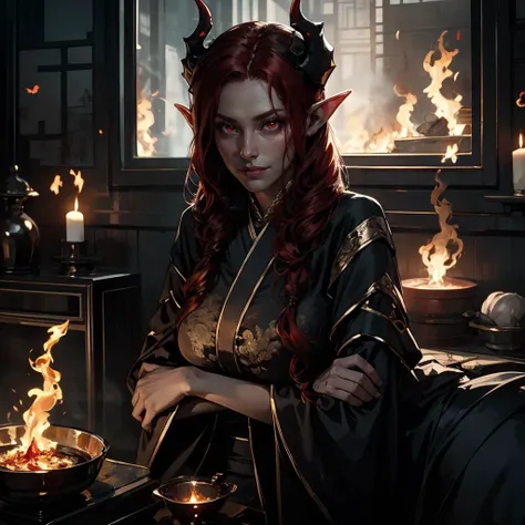 (ultra detailed, masterpiece, best quality, highly detailed, volumetric lighting), mgedemon, 1 woman, Godly concubine, (red skin), ((flowing flame hair, fire hair, burning hair)), flame horns, horns on fire, expressionless smile, demonic woman, Black chinese robes, glowing red eyes, lounging, red satin bed, bird's eye view, arms held out ,