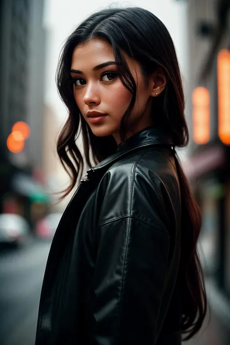 photo of beautiful (kk4ng:0.99), a woman in (cyberpunk city:1.1), perfect hair, wearing Oxford Brown (raincoat:1.1),  (Meatcore:1.1), modelshoot style, (extremely detailed CG unity 8k wallpaper), professional majestic (photography by  tim walker:1.1), extremely intricate, High (Detail:1.1), Sharp focus, dramatic, soft cinematic light, (looking at viewer), (detailed pupils), (upper body), 4k textures, elegant, ((((cinematic look)))), soothing tones, insane details, hyperdetailed, low contrast, SFW, epiCPhoto