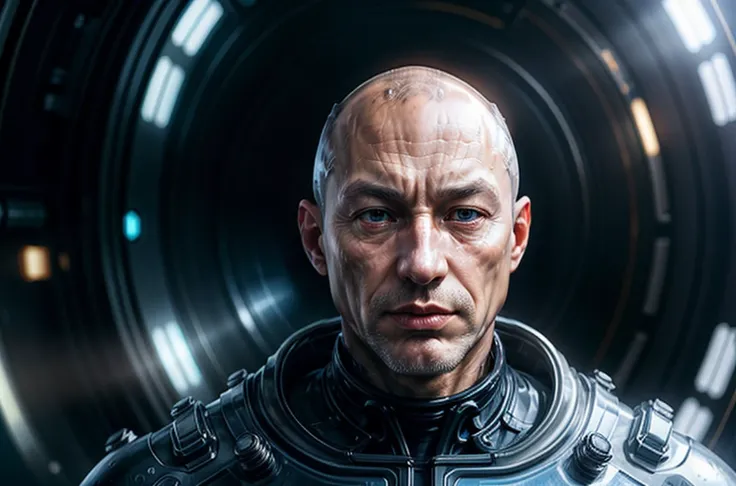 k0nstant1n_n0texist-a-bald-man Style-GravityMagic cyborg-portrait looking-away solo (full-body:0.6) detailed-background close-up detailed-face futuristic-digital-adamantium-armor polygonal-pattern cape advanced-technology epic-galactic-spaceship-in-background flashes-of-light hologram cinematic-atmosphere <lora:add_detail:0.75> <lora:sharpen-soften:-0.2> <lora:stylesqueeze_v2:0.25> <lora:realistic:0.25> illustration best-quality beautiful-and-aesthetic fine-details high-resolution UHD low-saturation sharp-focus cinematic-shadows