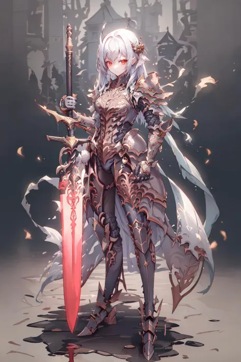 highres, highest quallity, 1girl, (adult:1.2), solo, solo_focus, CGDivineSwordsw, weapon,  solo, holding, glowing, sword, holding weapon, glowing weapon, standing, holding sword, glowing sword, planted sword, gradient, gradient background, greaves, pauldrons,glow, white_hair, red_eyes, straight_hair, long_hair, looking at viewer,