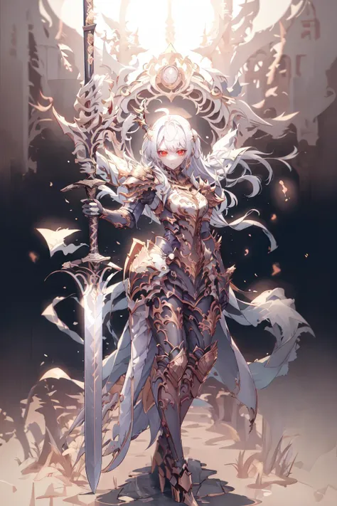 highres, highest quallity, 1girl, (adult:1.2), solo, solo_focus, CGDivineSwordsw, weapon,  solo, holding, glowing, sword, holding weapon, glowing weapon, standing, holding sword, glowing sword, planted sword, gradient, gradient background, greaves, pauldrons,glow, white_hair, red_eyes, straight_hair, long_hair, looking at viewer,