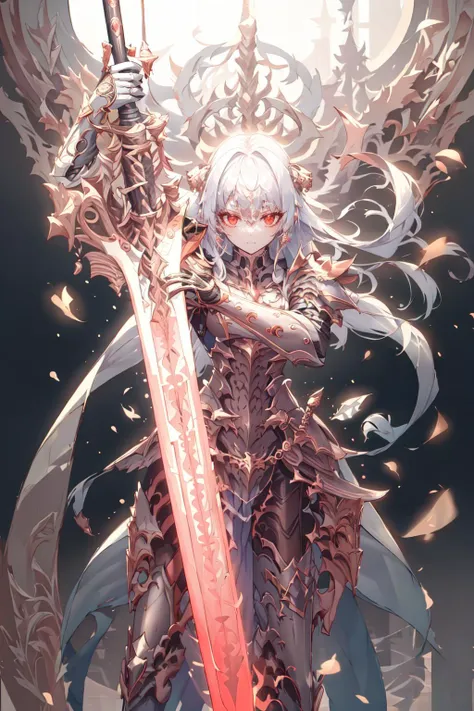 highres, highest quallity, 1girl, (adult:1.2), solo, solo_focus, CGDivineSwordsw, weapon,  solo, holding, glowing, sword, holding weapon, glowing weapon, standing, holding sword, glowing sword, planted sword, gradient, gradient background, greaves, pauldrons,glow, white_hair, red_eyes, straight_hair, long_hair, looking at viewer,