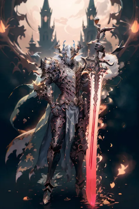 (masterpiece, top quality, best quality, official art, beautiful and aesthetic:1.2),(8k, best quality, masterpiece:1.2),CGDivineSwordsw, weapon, armor, sword, 1boy, solo, holding, male focus, holding weapon, holding sword, glowing, helmet, cape, shoulder armor, torn cape, greaves, torn, torn clothes, standing, gauntlets, pauldrons, blood, glowing weapon, breastplate, full armor, glowing eyes, full body, glowing sword, (epic glow:1.4), <lora:CGDivineSwordsw_20230611172159:1>