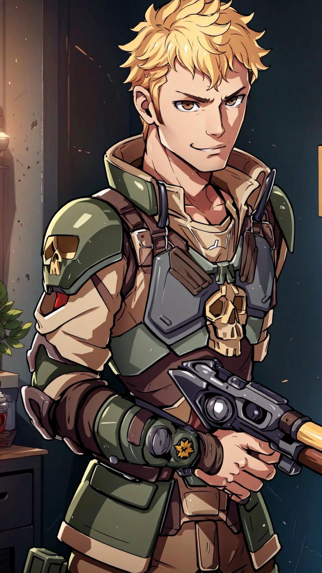 <lora:dsryuuji_lc_768:0.8> dsryuuji, 1boy, blonde hair, punk, messy hair, brown eyes, (skull:1.15), BREAK, <lora:CadiaChan-10:0.6> flak jacket, armor, military, military uniform, helmet, BREAK,
grin, holding weapon, baseball bat, BREAK,, masterpiece, best quality, extremely detailed, highly quality, 4k, sharp focus, professional, sharp focus, award winning, cinematic lighting, octane render, unreal engine, volumetrics dtx, Wallpaper,