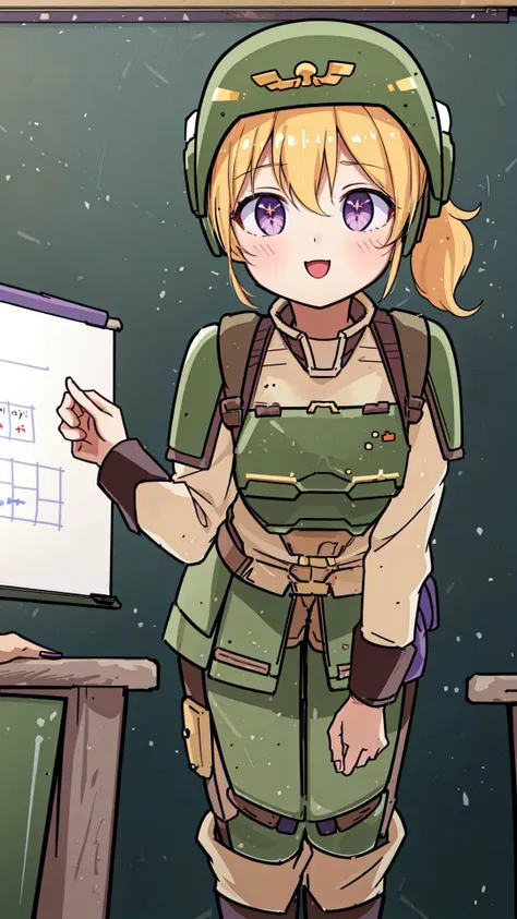 <lora:CadiaChan-10:0.8> cadiachan, blonde hair, ponytail, purple eyes, smile, BREAK, beige pants, green helmet, beige skirt, (Military helmet, breastplate, military uniform:1.15), BREAK, leaning forward, (presenting, flipchart, chalkboard:1.15), BREAK, (small, cute, adorable, kawai:1.25), masterpiece, best quality, extremely detailed, highly quality, 4k, sharp focus, professional, sharp focus, award winning, cinematic lighting, octane render, unreal engine, volumetrics dtx, Wallpaper,