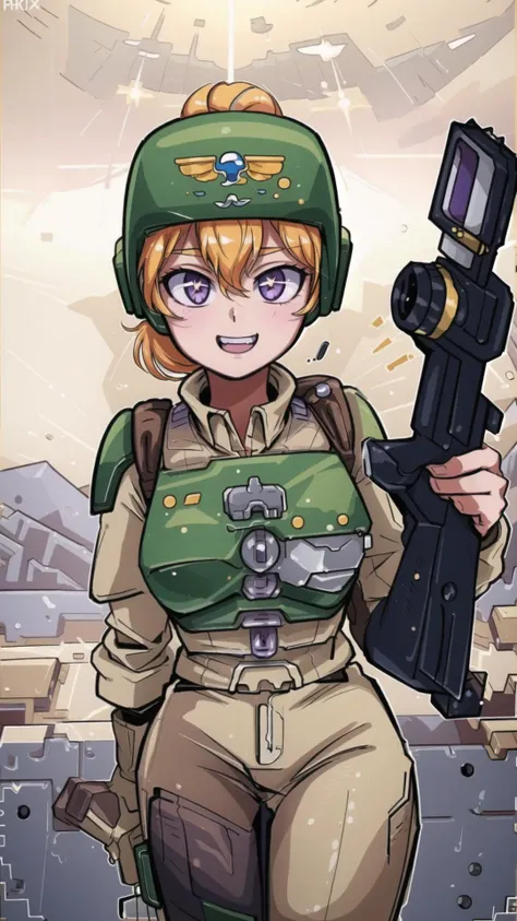 <lora:CadiaChan-10:0.8> cadiachan, blonde hair, ponytail, purple eyes, grin, BREAK, beige pants, green helmet, beige skirt, (Military helmet, breastplate, military uniform:1.15), BREAK, <lora:BetterGuns-V1:0.8> gun, aiming at viewer, holding gun, masterpiece, best quality, extremely detailed, highly quality, 4k, sharp focus, professional, sharp focus, award winning, cinematic lighting, octane render, unreal engine, volumetrics dtx, Wallpaper,