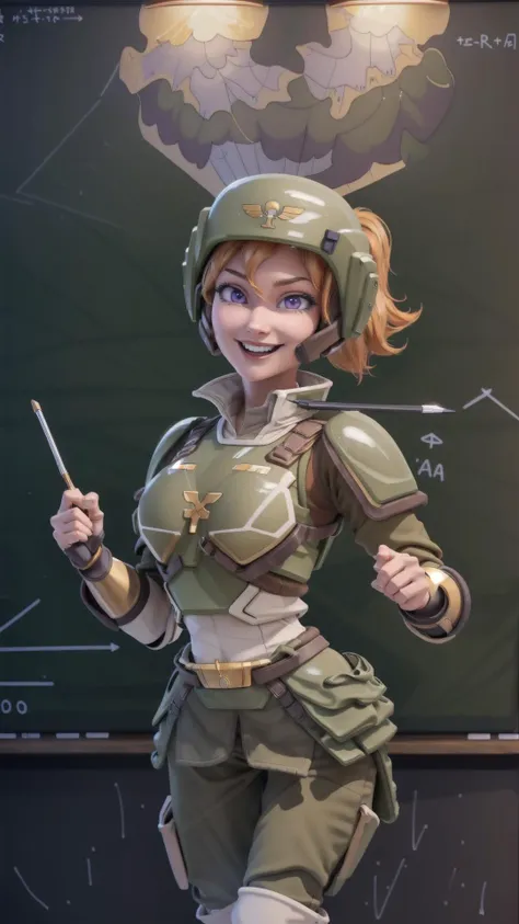 <lora:CadiaChan-10:0.8> cadiachan, blonde hair, ponytail, purple eyes, smile, BREAK, beige pants, green helmet, beige skirt, (Military helmet, breastplate, military uniform:1.15), BREAK, (presenting, flipchart, holding pointer, chalkboard:1.15), masterpiece, best quality, extremely detailed, highly quality, 4k, sharp focus, professional, sharp focus, award winning, cinematic lighting, octane render, unreal engine, volumetrics dtx, Wallpaper,