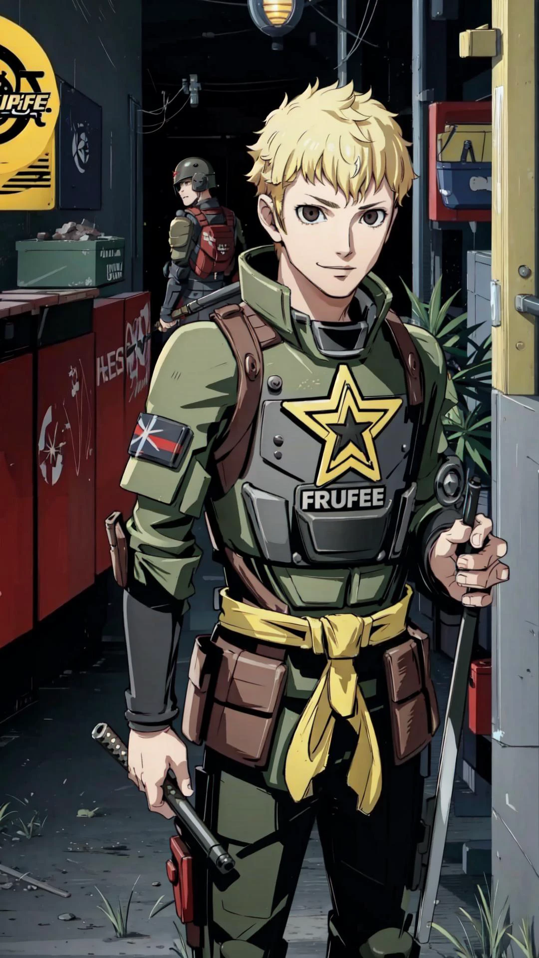 <lora:dsryuuji_lc_768:0.8> dsryuuji, 1boy, blonde hair, punk, messy hair, brown eyes, BREAK, <lora:CadiaChan-10:0.6> flak jacket, armor, military, military uniform, helmet, BREAK,
grin, holding weapon, baseball bat, BREAK,, masterpiece, best quality, extremely detailed, highly quality, 4k, sharp focus, professional, sharp focus, award winning, cinematic lighting, octane render, unreal engine, volumetrics dtx, Wallpaper,