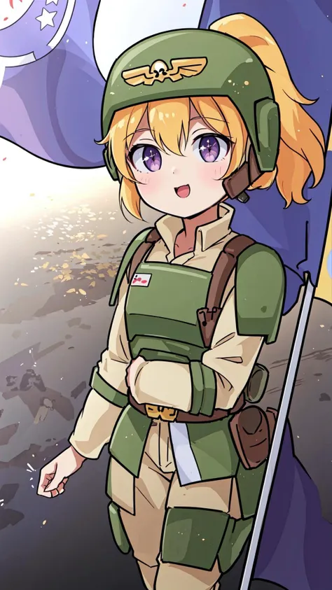 <lora:CadiaChan-10:0.8> cadiachan, blonde hair, ponytail, purple eyes, smile, BREAK, beige pants, green helmet, beige skirt, (Military helmet, breastplate, military uniform:1.15), BREAK, (banner, flag, imperial, lasgun:1.25), BREAK, (small, cute, adorable, kawai:1.25), masterpiece, best quality, extremely detailed, highly quality, 4k, sharp focus, professional, sharp focus, award winning, cinematic lighting, octane render, unreal engine, volumetrics dtx, Wallpaper,