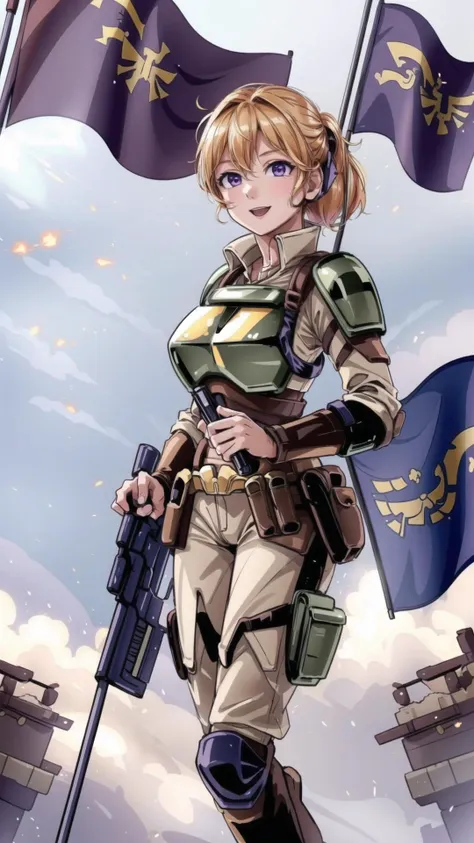 <lora:CadiaChan-10:0.8> cadiachan, blonde hair, ponytail, purple eyes, smile, BREAK, beige pants, green helmet, beige skirt, (Military helmet, breastplate, military uniform:1.15), BREAK, (banner, flag, imperial, lasgun:1.25), BREAK, (, cute, adorable:1.25), masterpiece, best quality, extremely detailed, highly quality, 4k, sharp focus, professional, sharp focus, award winning, cinematic lighting, octane render, unreal engine, volumetrics dtx, Wallpaper,