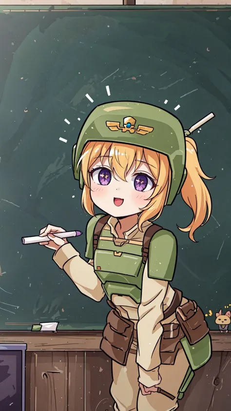 <lora:CadiaChan-10:0.8> cadiachan, blonde hair, ponytail, purple eyes, smile, BREAK, beige pants, green helmet, beige skirt, (Military helmet, breastplate, military uniform:1.15), BREAK, leaning forward, (presenting, flipchart, chalkboard:1.15), BREAK, (small, cute, adorable, kawai:1.25), masterpiece, best quality, extremely detailed, highly quality, 4k, sharp focus, professional, sharp focus, award winning, cinematic lighting, octane render, unreal engine, volumetrics dtx, Wallpaper,