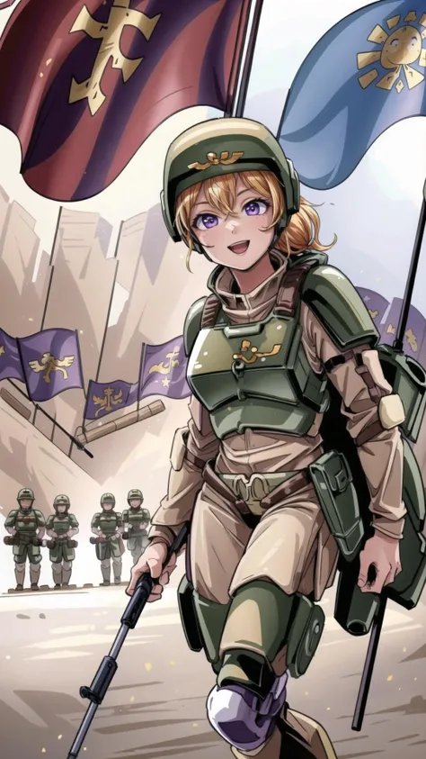 <lora:CadiaChan-10:0.8> cadiachan, blonde hair, ponytail, purple eyes, smile, BREAK, beige pants, green helmet, beige skirt, (Military helmet, breastplate, military uniform:1.15), BREAK, (banner, flag, imperial, lasgun:1.25), BREAK, (, cute, adorable:1.25), masterpiece, best quality, extremely detailed, highly quality, 4k, sharp focus, professional, sharp focus, award winning, cinematic lighting, octane render, unreal engine, volumetrics dtx, Wallpaper,