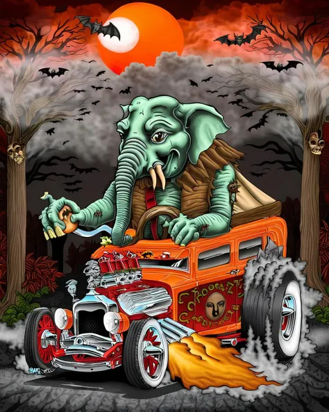 m0nstrcrz, elephant man, driving a orange car, bats, red moon, fog, green clouds <lora:M0nstrcrz_SDXL_v1_32:1><lora:xl_more_art-full_v1:0.2>