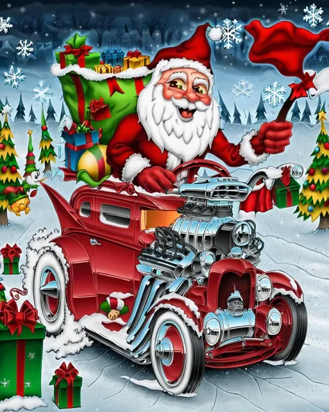 m0nstrcrz, santa, driving a red car, bag of presents, elves, snow, foggy, hazy <lora:M0nstrcrz_SDXL_v1_32:1><lora:xl_more_art-full_v1:0.2>