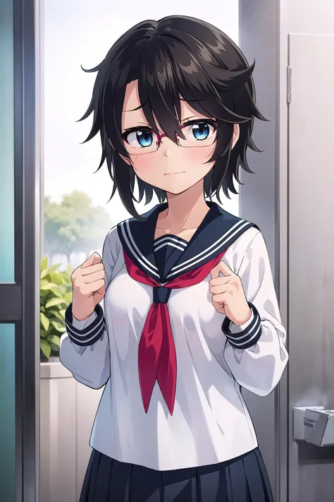 masterpiece, best quality, 1girl, solo,
<lora:TeruV1:0.7> teru, momijiyama teru, blue eyes, tareme, glasses, rimless eyewear, black hair, short hair, messy hair, parted bangs, sidelocks, medium breasts,
school uniform, serafuku, white serafuku, blue collar, neckerchief, red neckerchief, skirt, blue skirt, pleated skirt,
looking at viewer, hands up,
blush, embarrassed, wavy mouth, furrowed brow,