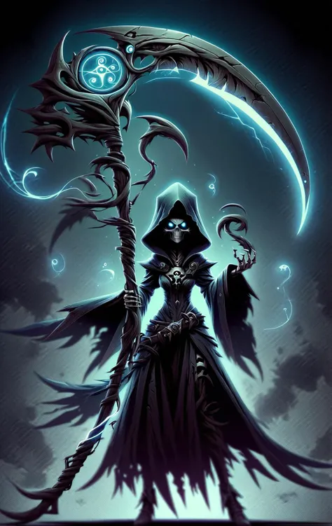 DonMD4rkT00nXL female alchemist,holding a DonM5cy7h3XL scythe, simple background <lora:DonM5cy7h3XL-v1.1-000006:0.7>  <lora:DonMD4rkT00nXL:0.8>