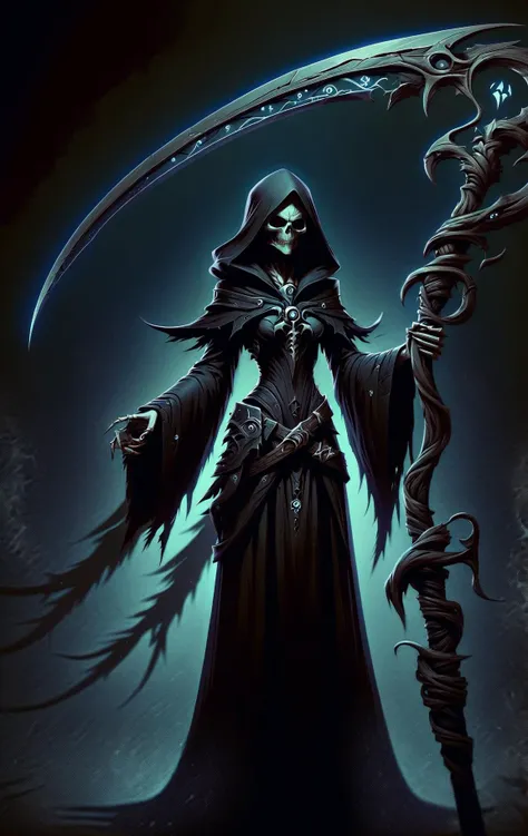 DonMD4rkT00nXL female enchanter,holding a DonM5cy7h3XL scythe, simple background <lora:DonM5cy7h3XL-v1.1-000006:0.7> <lora:DonMD4rkT00nXL:0.8>