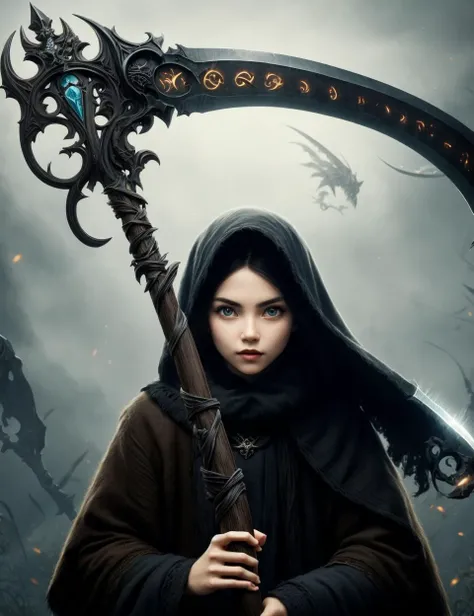 woman holding a DonM5cy7h3 scythe, creascent blade,<lora:DonM5cy7h3-000006:0.8>