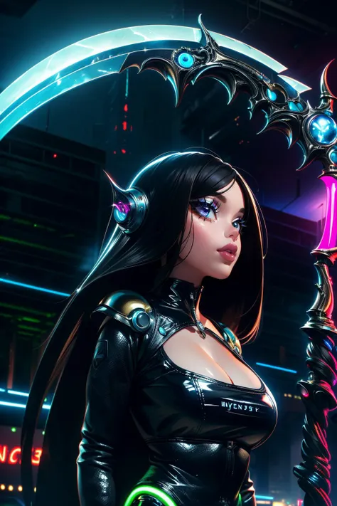 ((best quality)), ((masterpiece)), (intricate details, hyperdetailed:1.15), 35mm, bokeh, (perfect face, highest detailed face), action shot of bratz, <lora:bratz3-01:0.6>, lips, large breasts, beautiful, makeup, mascara, lip gloss, perfect eyes, long eyelashes, long hair, DonM5cy7h3, (scifi neon scythe:1.5), crescent blade, single blade, weilding a huge scythe, weapon, (scifi, tech, futuristic, futurism, postapocalyptic, cyber, cyperpunk:1.3), <lora:DonM5cy7h3:0.8>, (wearing a tight shiny catsuit, cleavage), looking at viewer, 8k, shiny, glow, (bloom), on a futuristic city building, neon lights