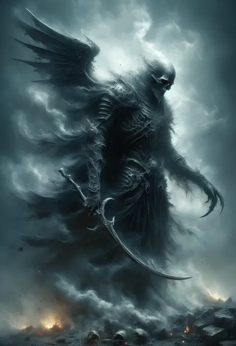 DonM5cy7h3XL scythe,wings,inertia,supramolecular chemistry,pollution,shrouded in swirling mists of toxic gas,advances relentlessly through a war-torn cityscape,its heavy footfalls echoing ominously against the crumbling ruins of civilization,<lora:DonM5cy7h3XL-v1.1-000006:0.5>,<lora:DonMDr4g0nXL-v2rb:0.5>,<lora:Soul_Knight_SDXL_-_By_HailoKnight:0.45>,soul knight,<lora:ral-dissolve:0.6>,ral-dissolve,