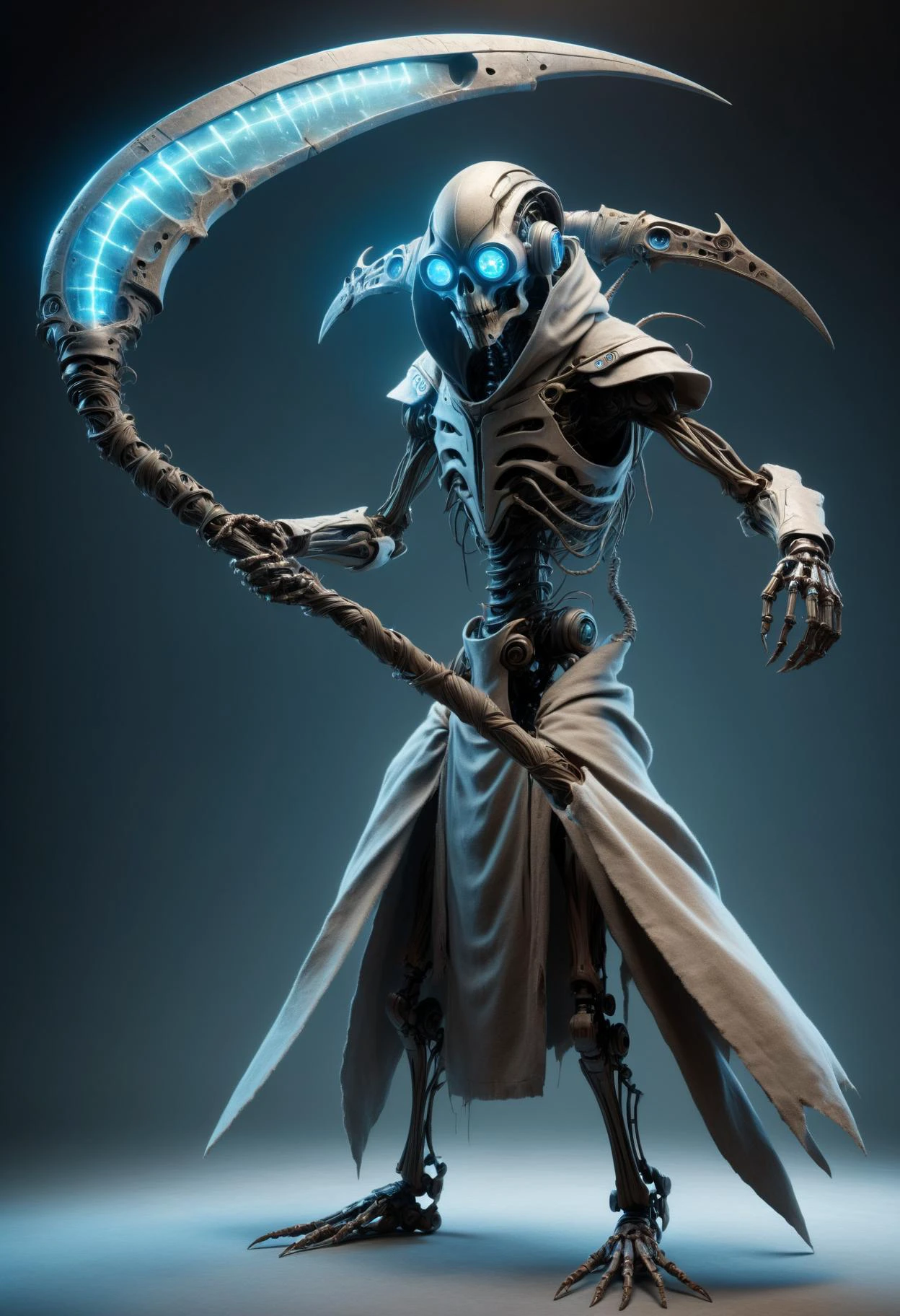 male robotics technician, insectoid specie- insect-like being with segmented exoskeletons, multifaceted eyes, and antennae, fifty-something strong, european, hazel eyes, unique chin, blunt jaw, receding forehead, hourglass figure, , pastel blue short and messy hairstyle hair, trust, holding a weapon or energy blade for combat challenges., wearing cyberspace grid pattern solar-powered synthetic quinacridone coral levitating sarong, mindwave print electroluminescent film gamboge robotic trench coat, virtual reality slippers, thermal-regulating beanie, , holding or channeling glowing energy orbs or constructs., futuristic interiors, ai-generated art and literature indistinguishable from human works holding a DonM5cy7h3XL scythe, single blade <lora:DonM5cy7h3XL-v1.1-000006:0.8>