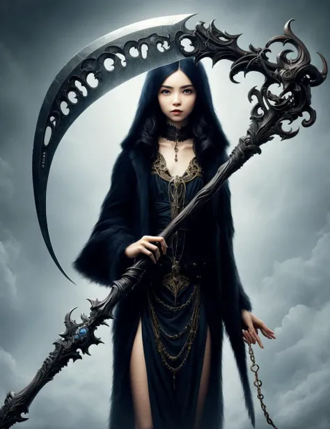 woman holding a DonM5cy7h3 scythe, single blade,<lora:DonM5cy7h3-000006:0.8>