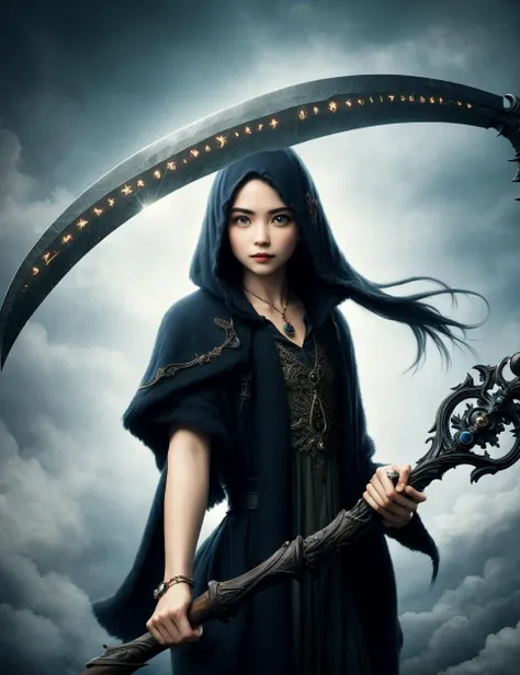 woman holding a DonM5cy7h3 scythe, single blade,<lora:DonM5cy7h3-000006:0.8>