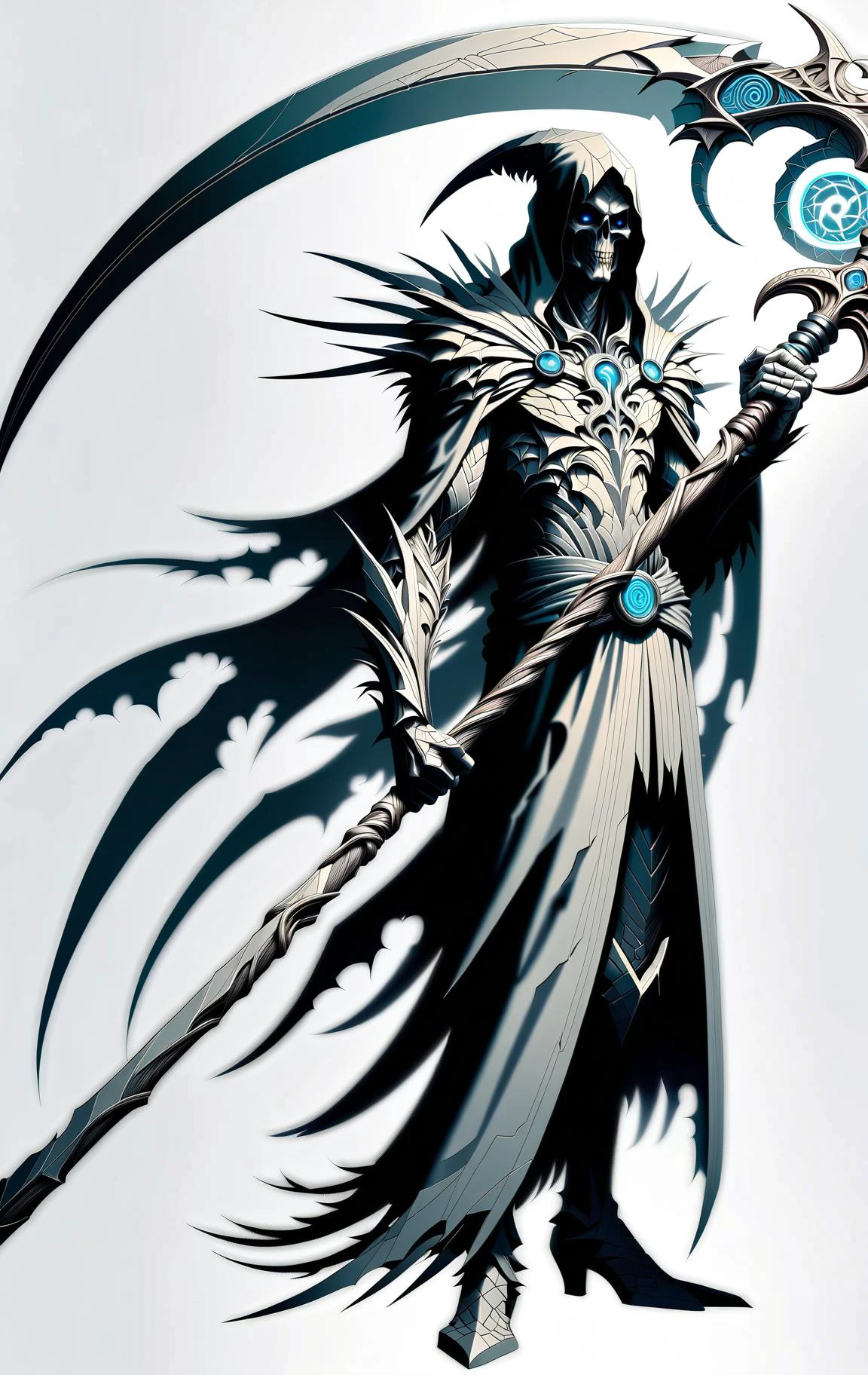 DonMG30T00nXL male mystic,holding a DonM5cy7h3XL scythe, simple background <lora:DonM5cy7h3XL-v1.1-000006:0.7> <lora:DonMG30T00nXL:0.8>