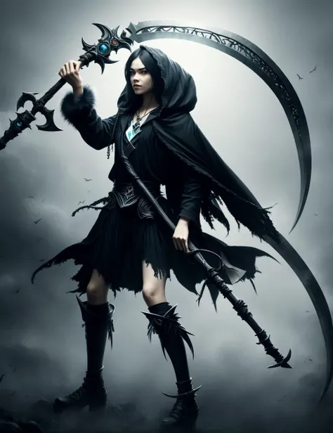 woman holding a DonM5cy7h3 scythe, creascent blade,<lora:DonM5cy7h3-000006:0.8>